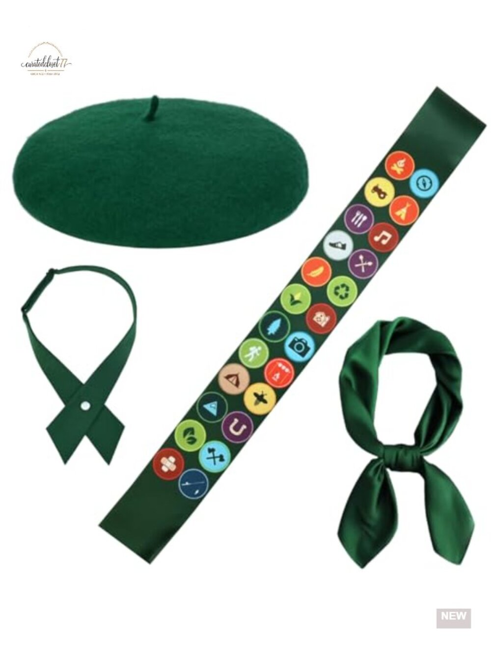 4 Pc Scout Costume Set Beret Sash Scarf Bowtie Halloween Women's Dress Up